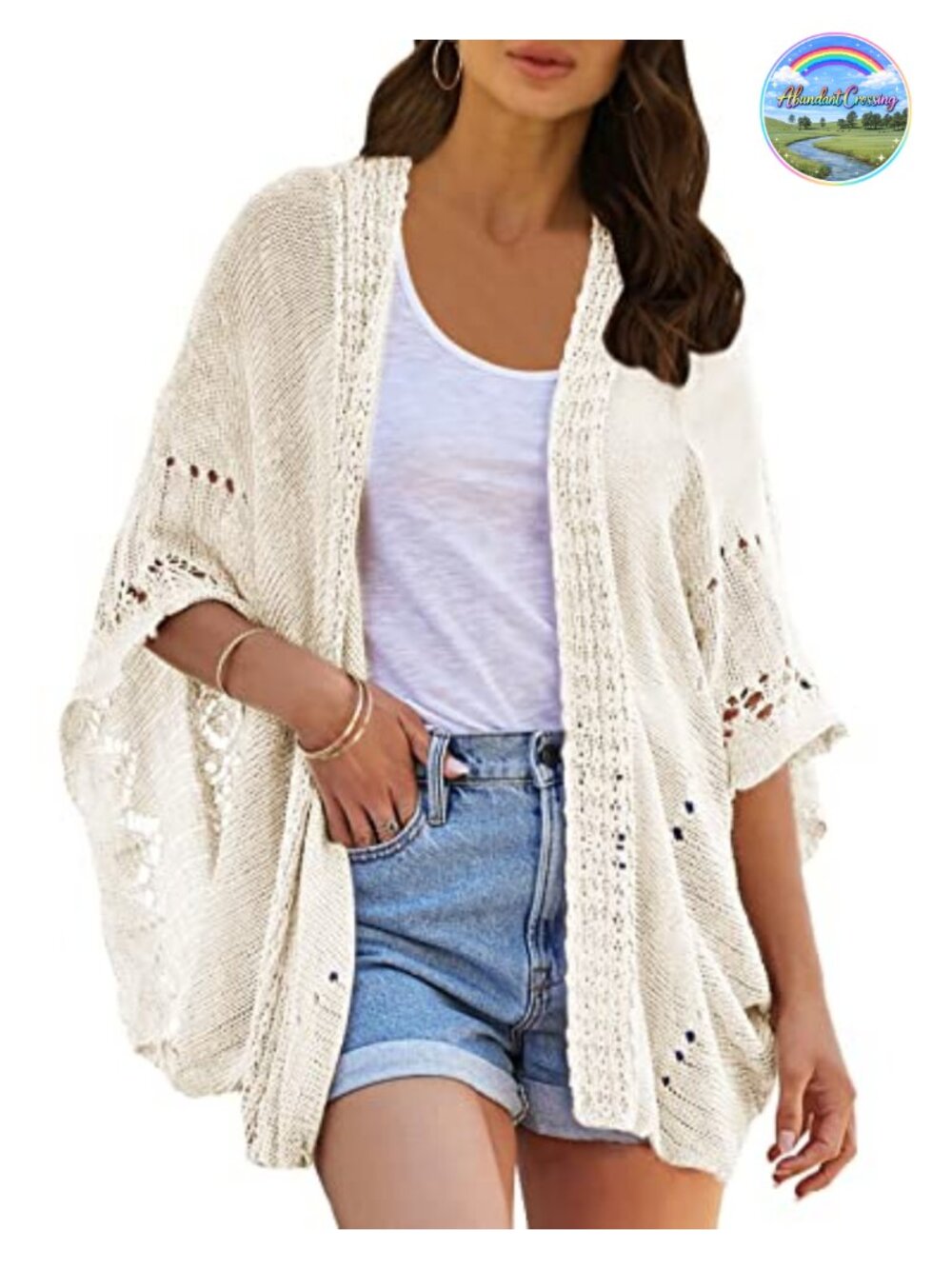 Women's Crochet Knit Kimono Cardigan Open Front Batwing Sleeve Lightweight